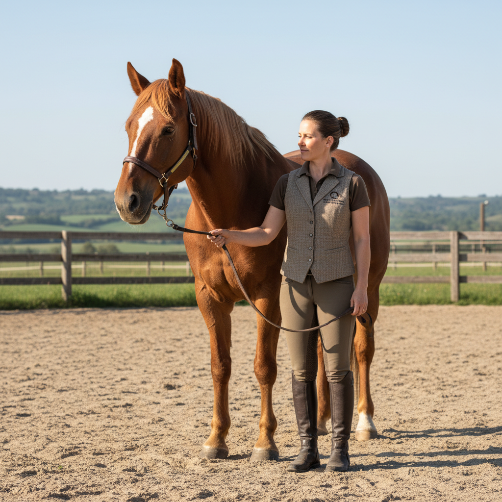 Instructor teaching a young rider on a chestnut horse in an outdoor arena