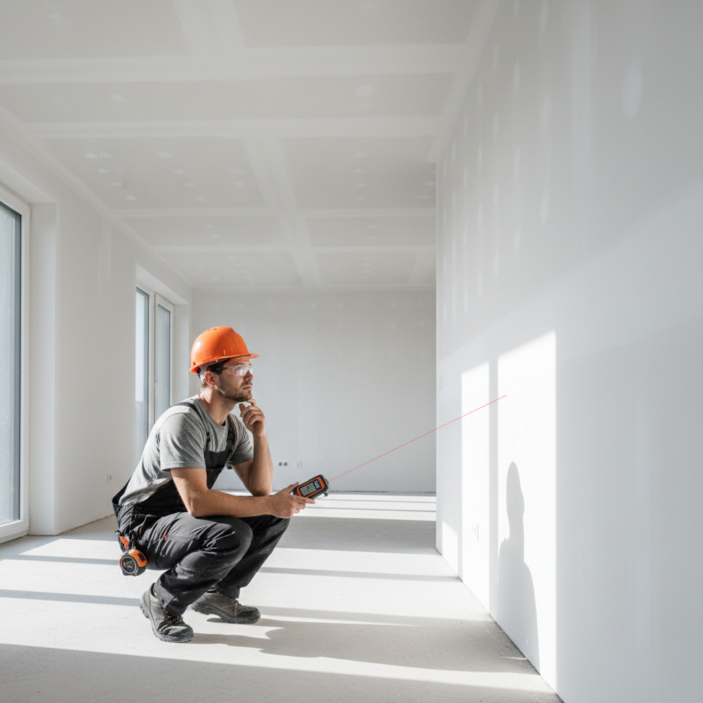 Project manager measuring office floor space with laser measure and iPad, documenting workstation layout