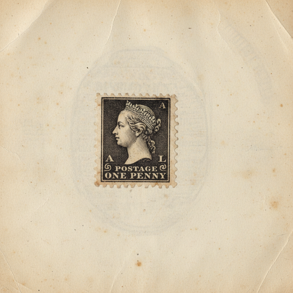 Penny Black 1840 first adhesive postage stamp slightly off-center on aged paper