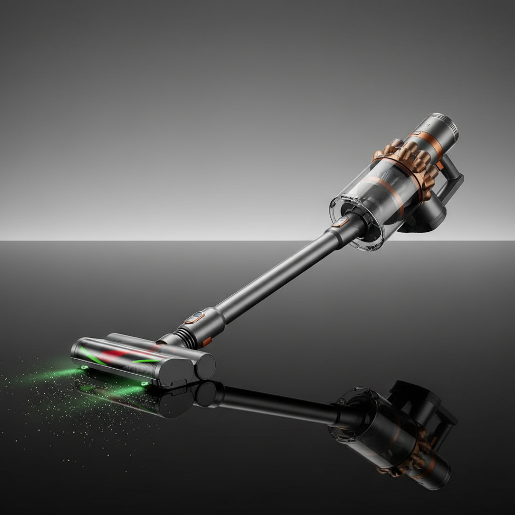 Modern cordless vacuum cleaner on dark minimalist surface with dramatic directional lighting