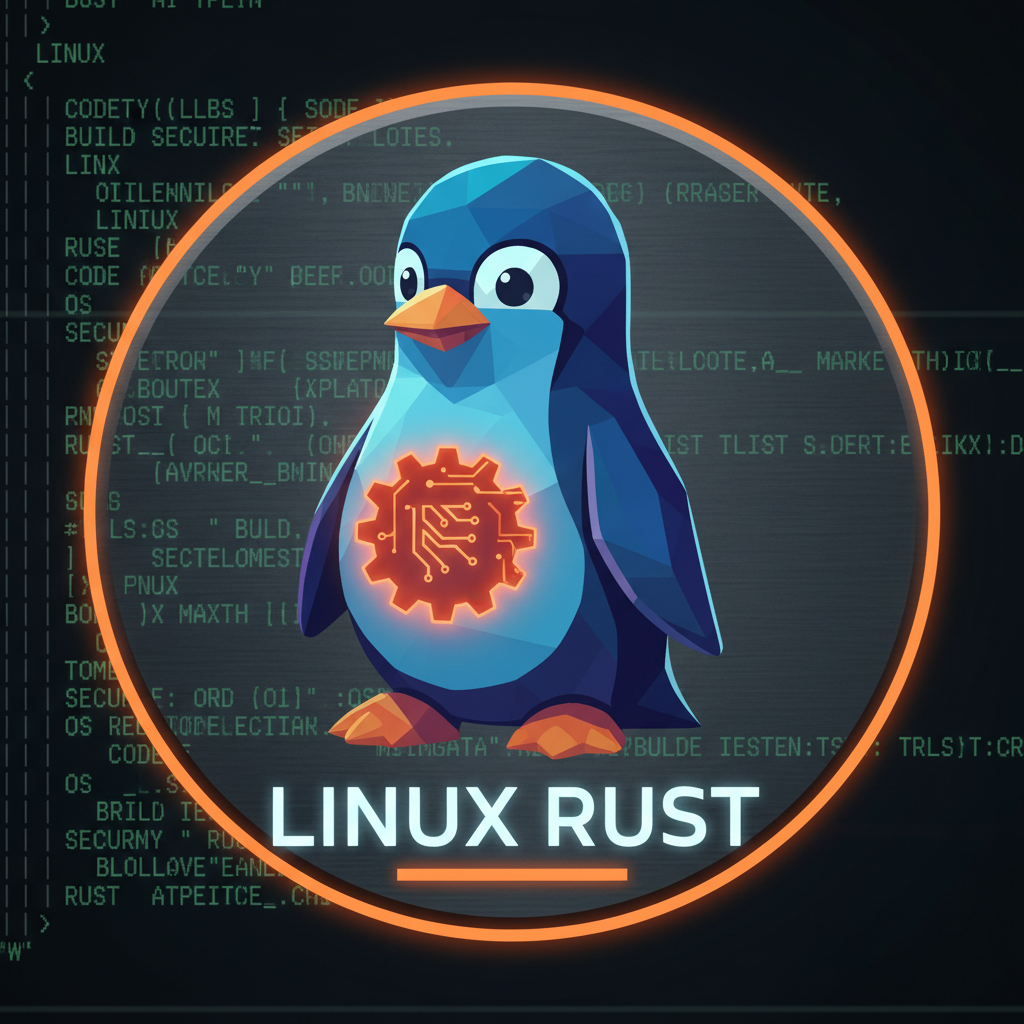 Linux penguin mascot with Rust programming language logo on dark terminal background