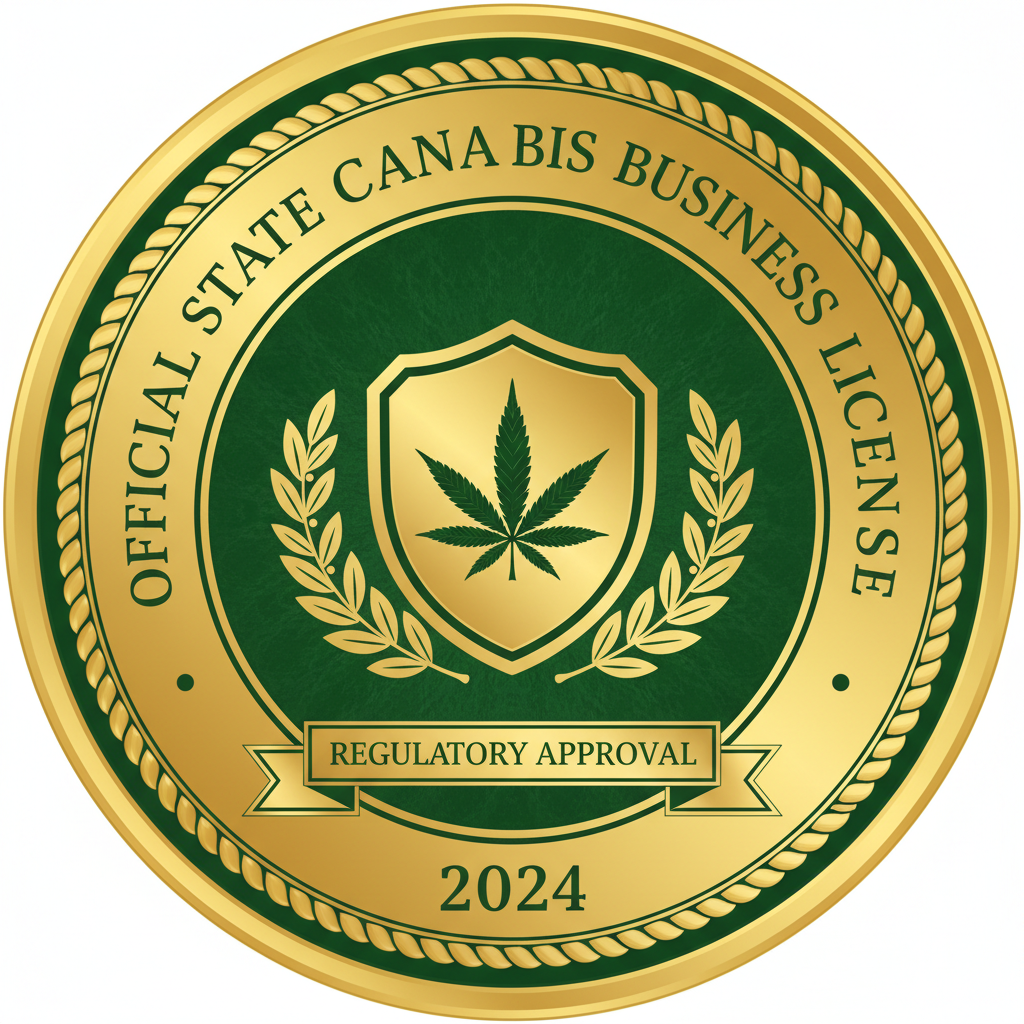 Official state cannabis business license seal with green and gold regulatory approval badge