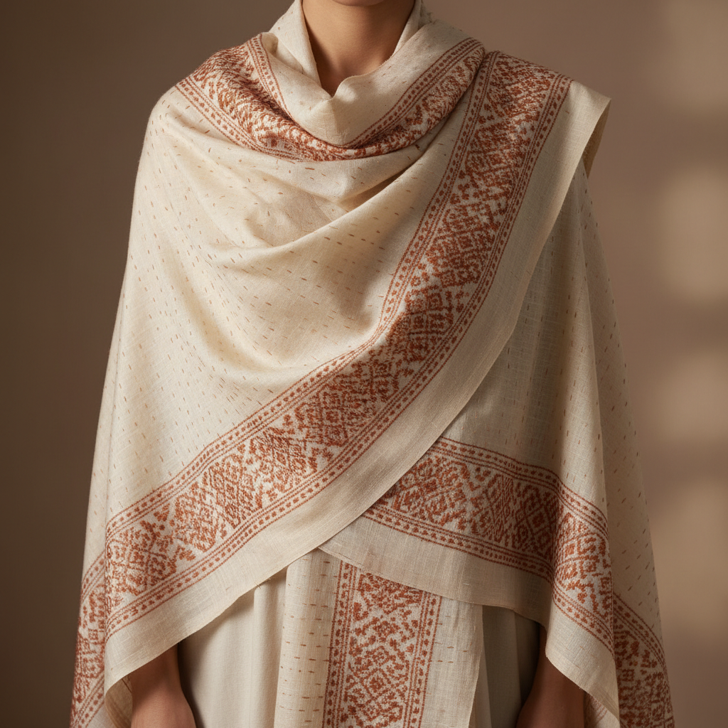 Indigo Khadi stole draped over shoulder, deep blue natural dye, artisan textile