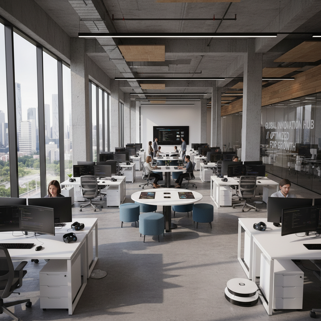 Modern startup office with open workspace, bright natural light, collaborative environment