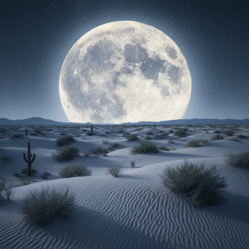 Full moon rising over desert landscape — telephoto compression effect
