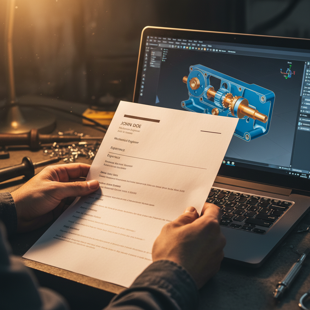 Engineer's hands holding a printed resume beside an open laptop running a CAD assembly, workshop lights casting a directional tungsten glow