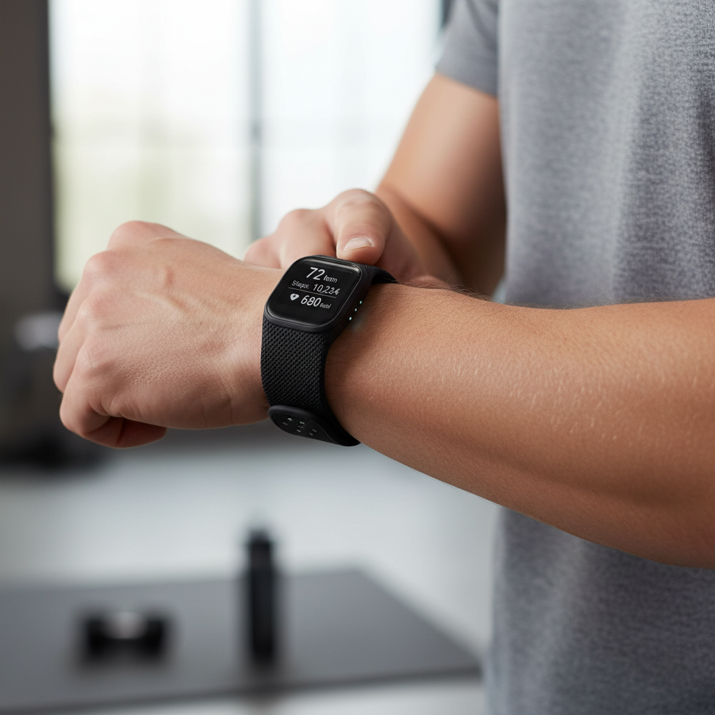 Person checking health metrics on a fitness tracker while standing on a scale