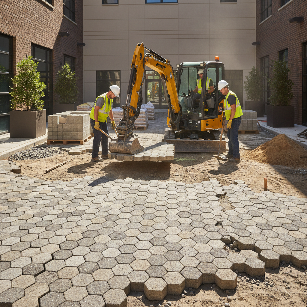 Groundwork installation crew operating compact excavator while laying permeable pavers in a commercial courtyard transformation project