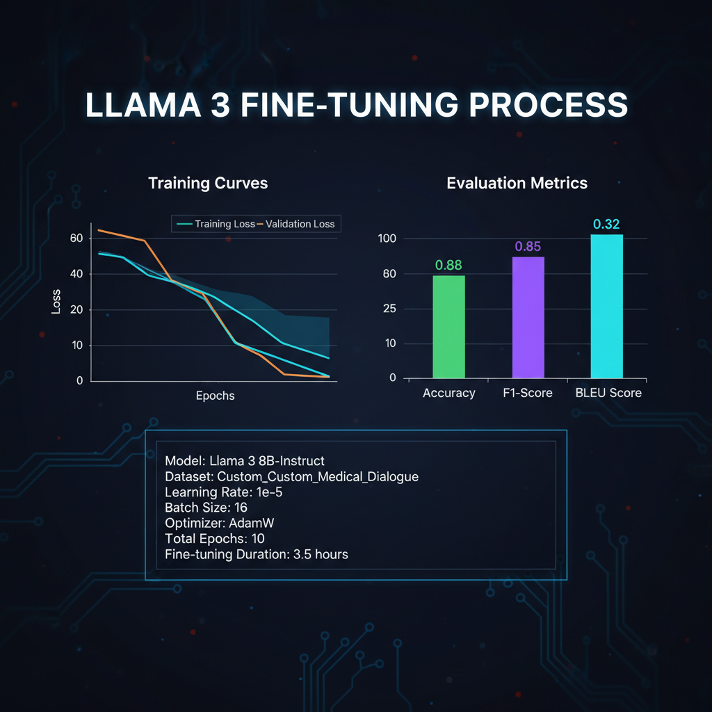Llama 3 fine-tuning process showing training curves and evaluation metrics