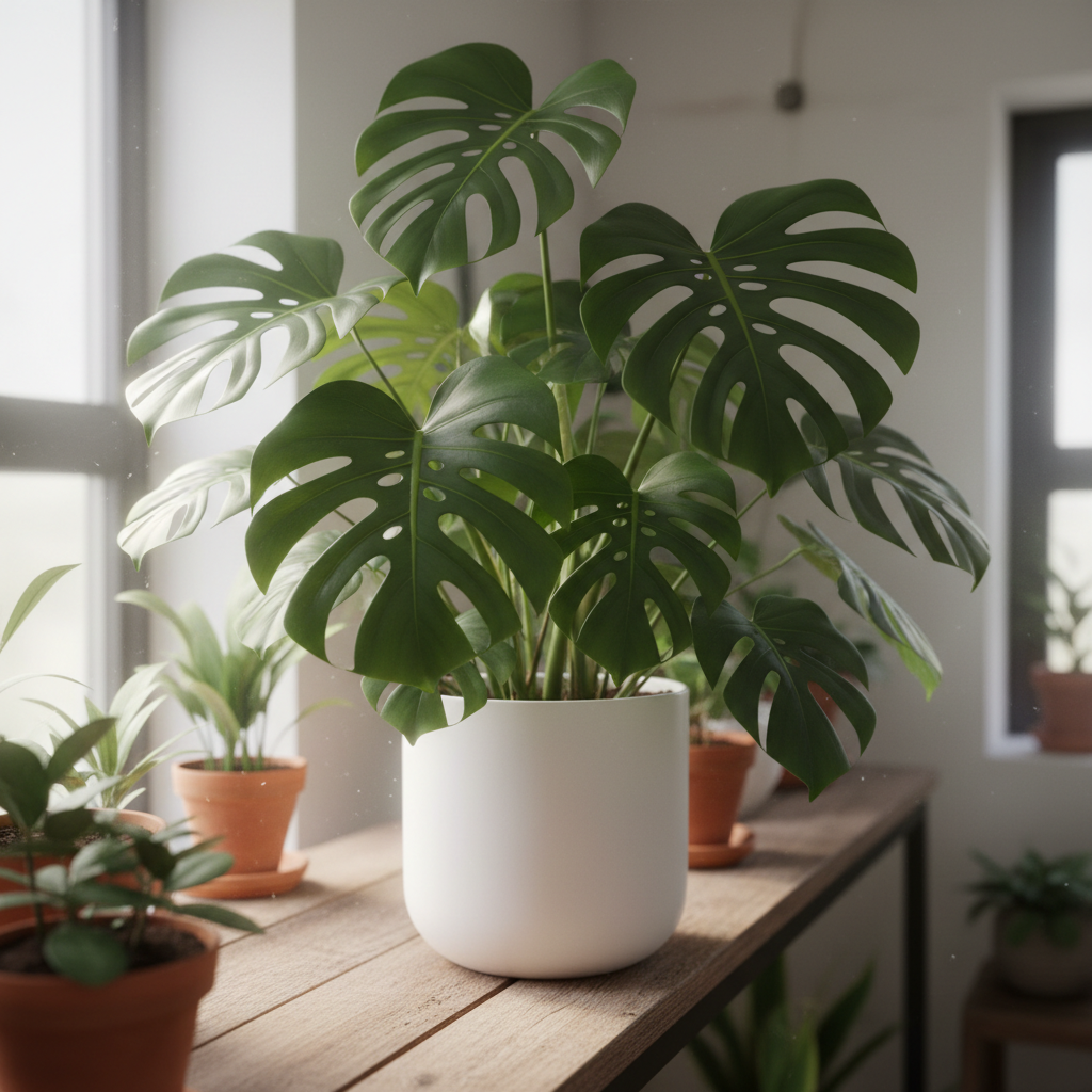 Monstera deliciosa with large split tropical leaves in white ceramic pot against bright white wall