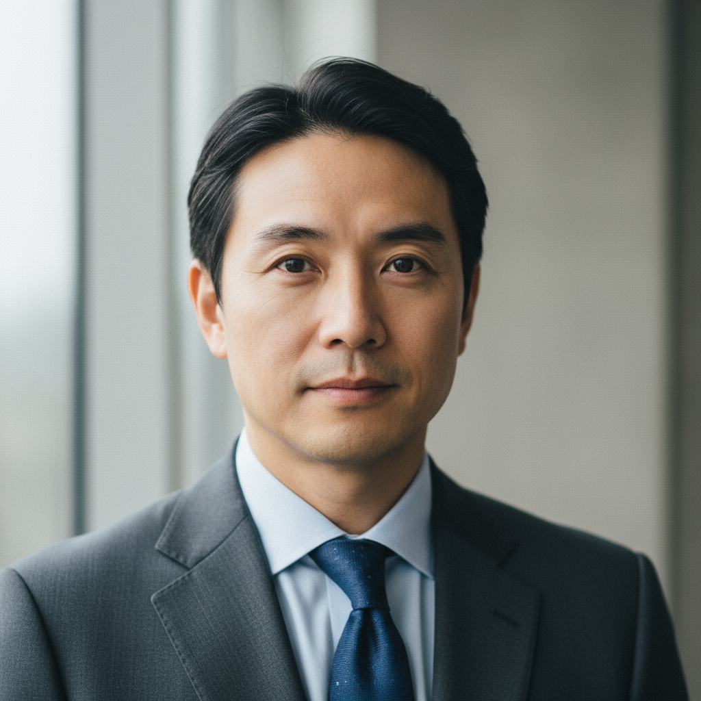 Professional headshot of male technology director in business casual attire with modern office background