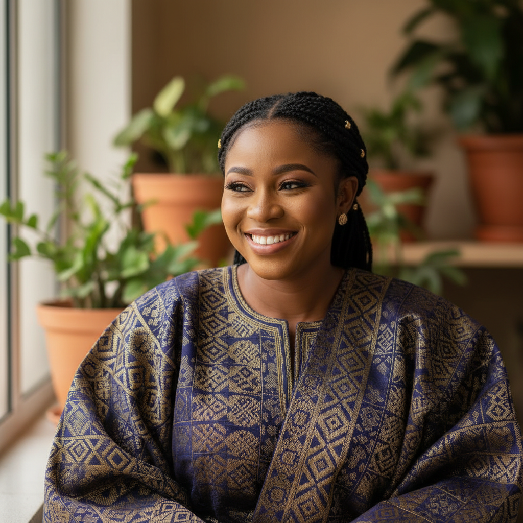 Portrait of Zainab Ibrahim, delighted RIIB customer wearing colorful traditional Nigerian attire and beaming smile
