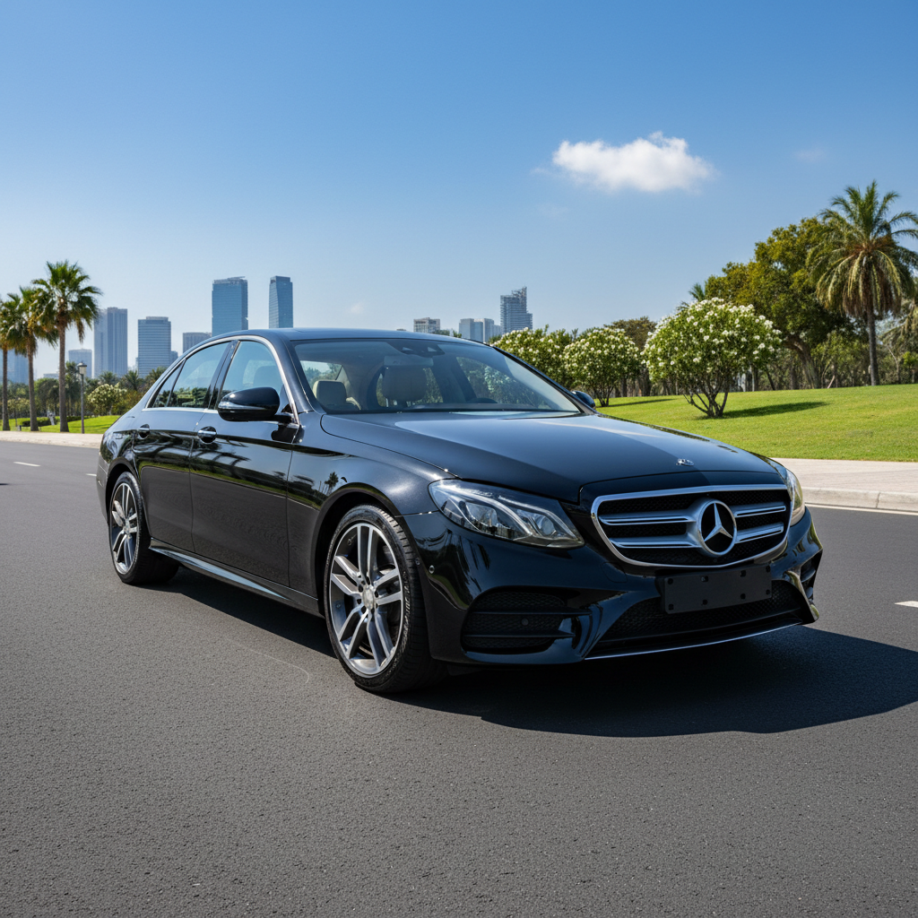 Black Mercedes S-Class luxury sedan on a clean city street, elegant dark exterior in soft afternoon light