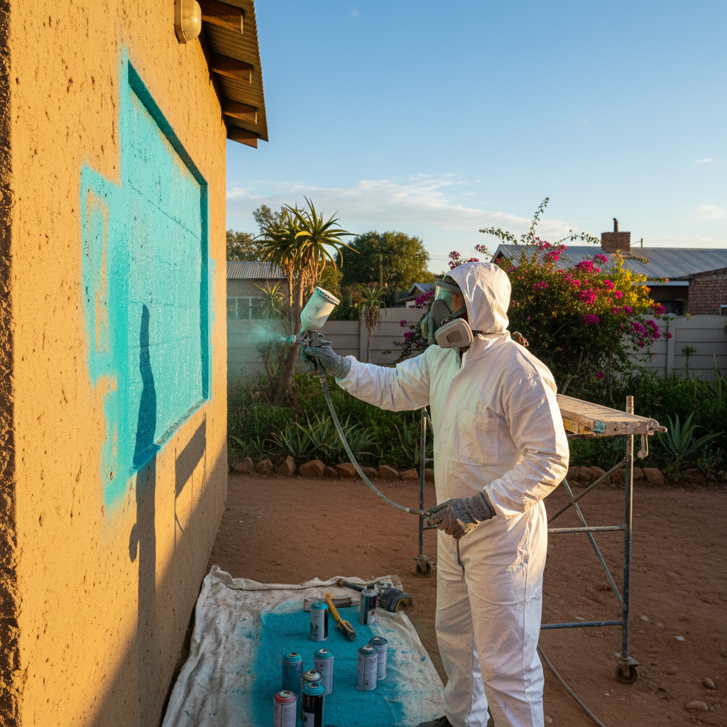 Professional painter in Eastern Cape applying spray paint to exterior wall of a South African home, warm sunlight, clean protective gear