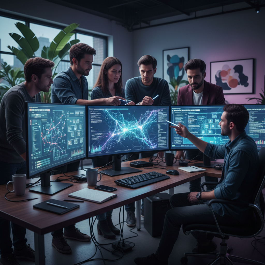 Startup team gathered around monitors in a bright modern office