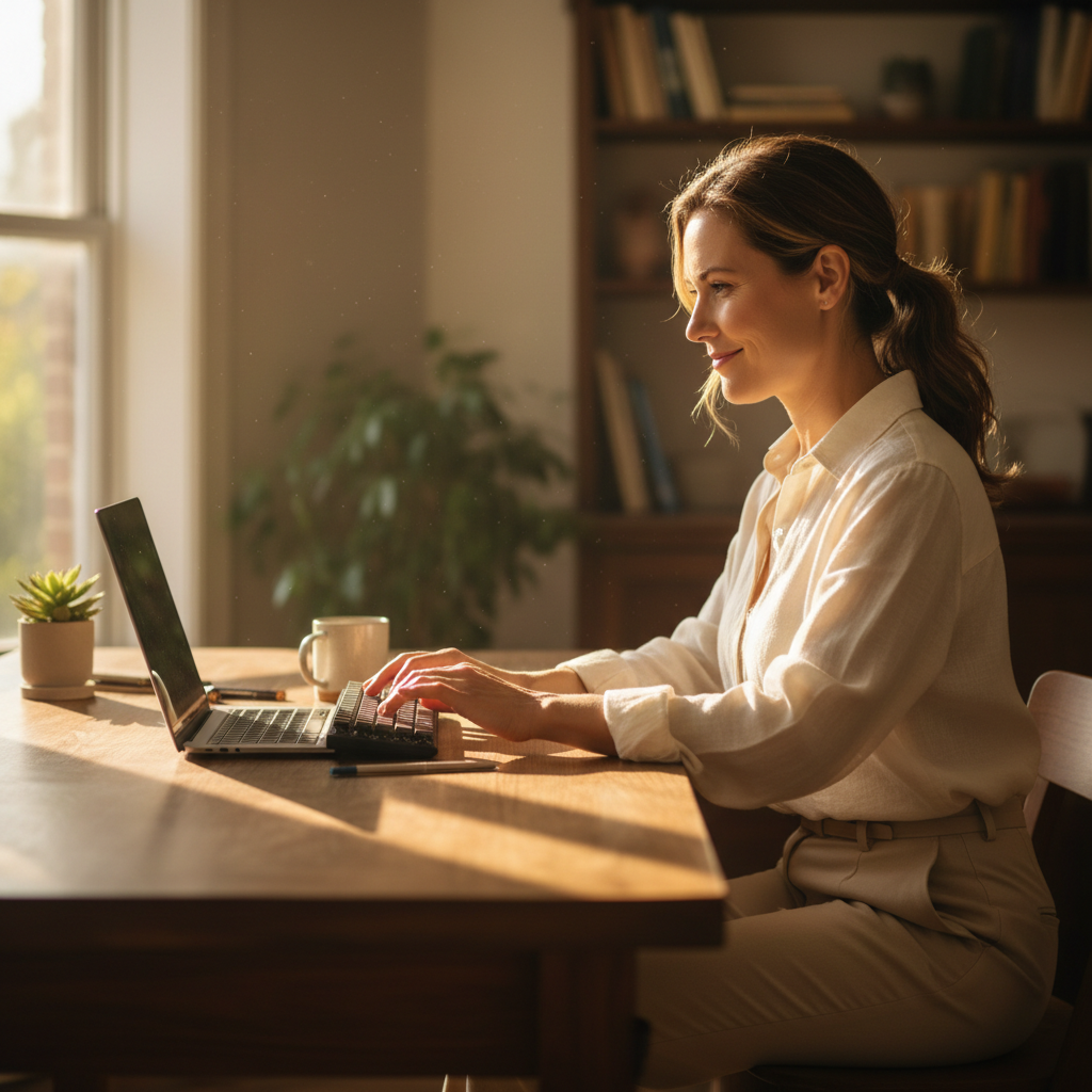 Woman sitting at a bright desk working calmly, subtle confidence in her posture