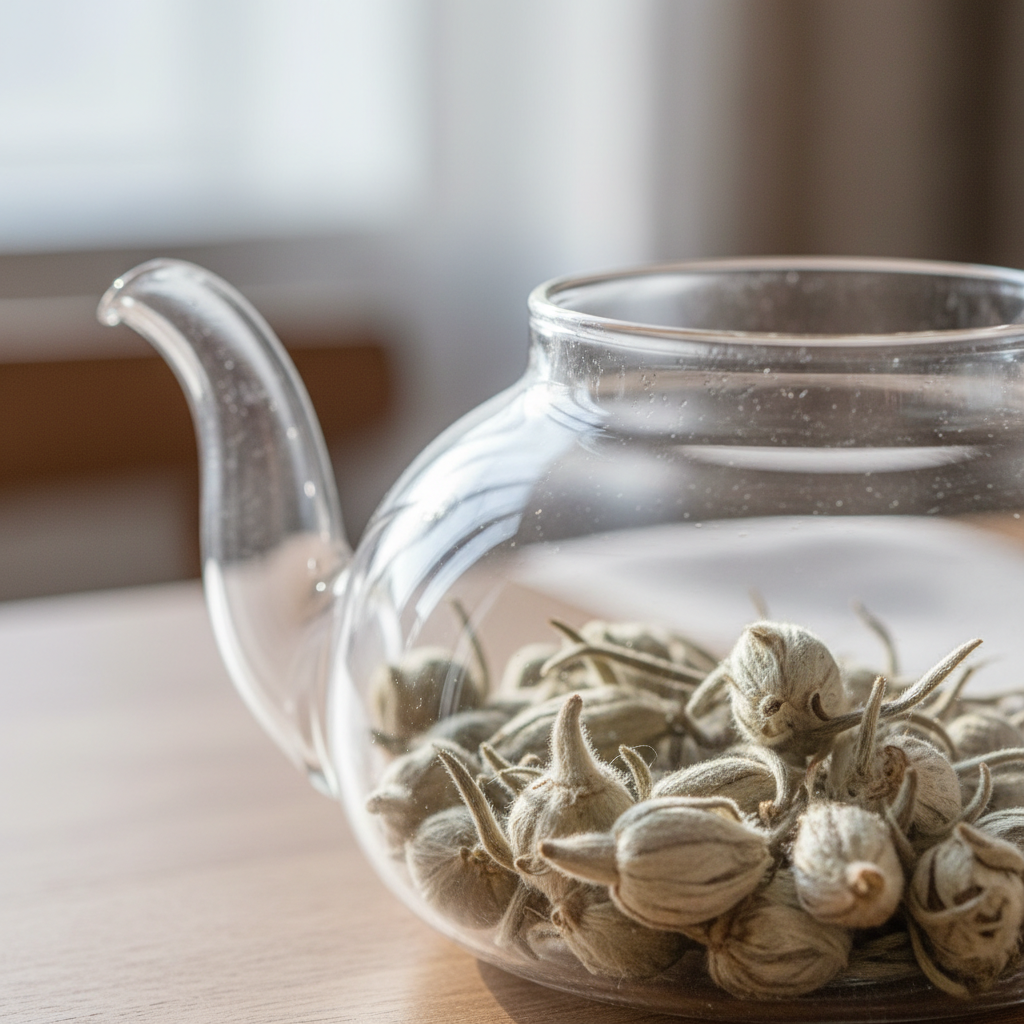 Delicate silver-white tea buds floating in a pale glass teacup against white ceramic