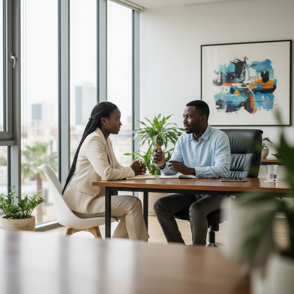 Professional coach in modern office setting with digital tools on screen
