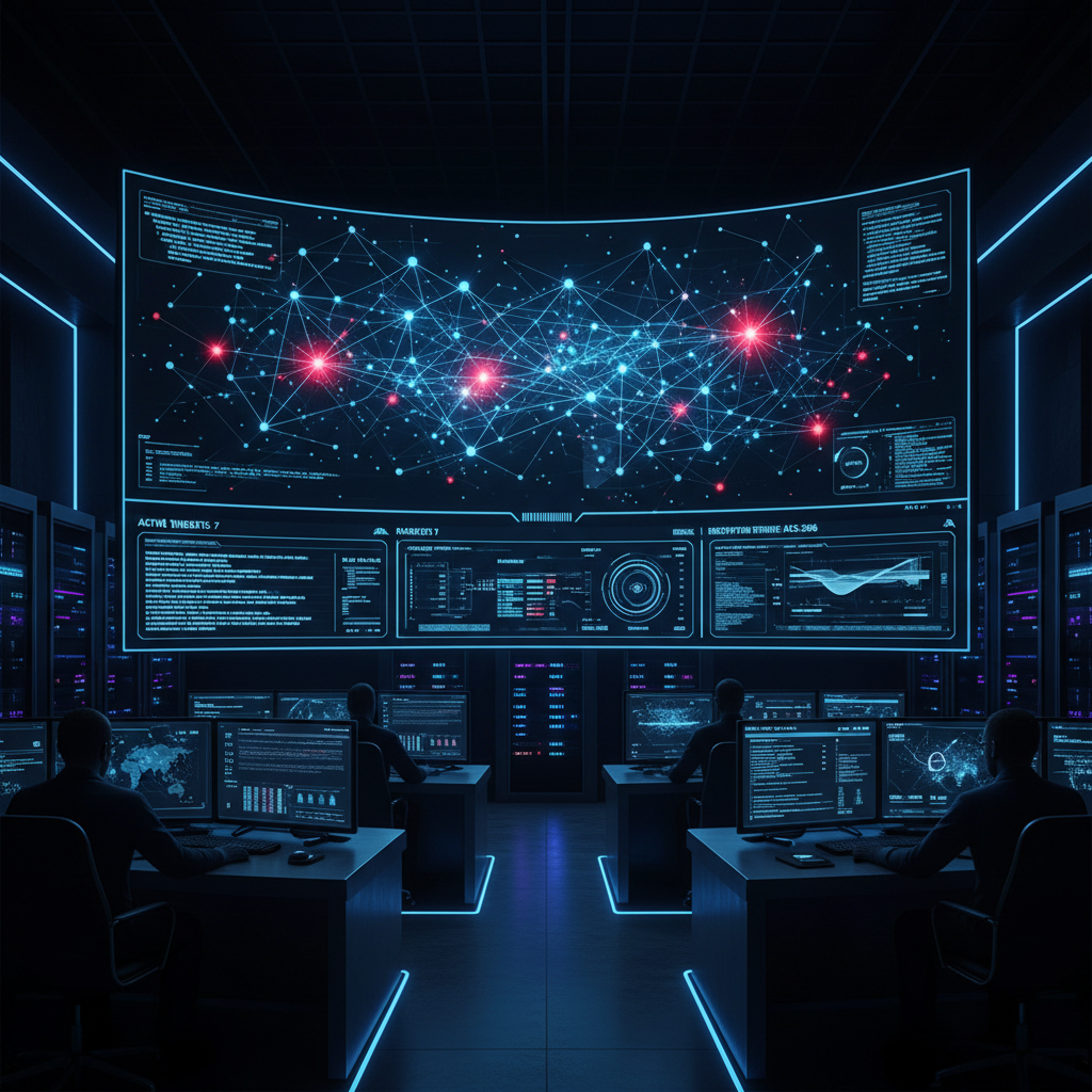 Security dashboard on dark monitor showing network threat visualization in dim office lighting