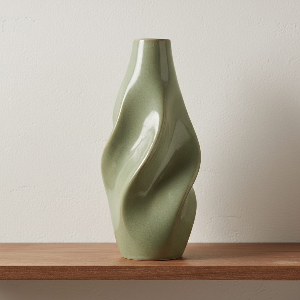 Mid-century modern ceramic vase in muted green glaze with organic form