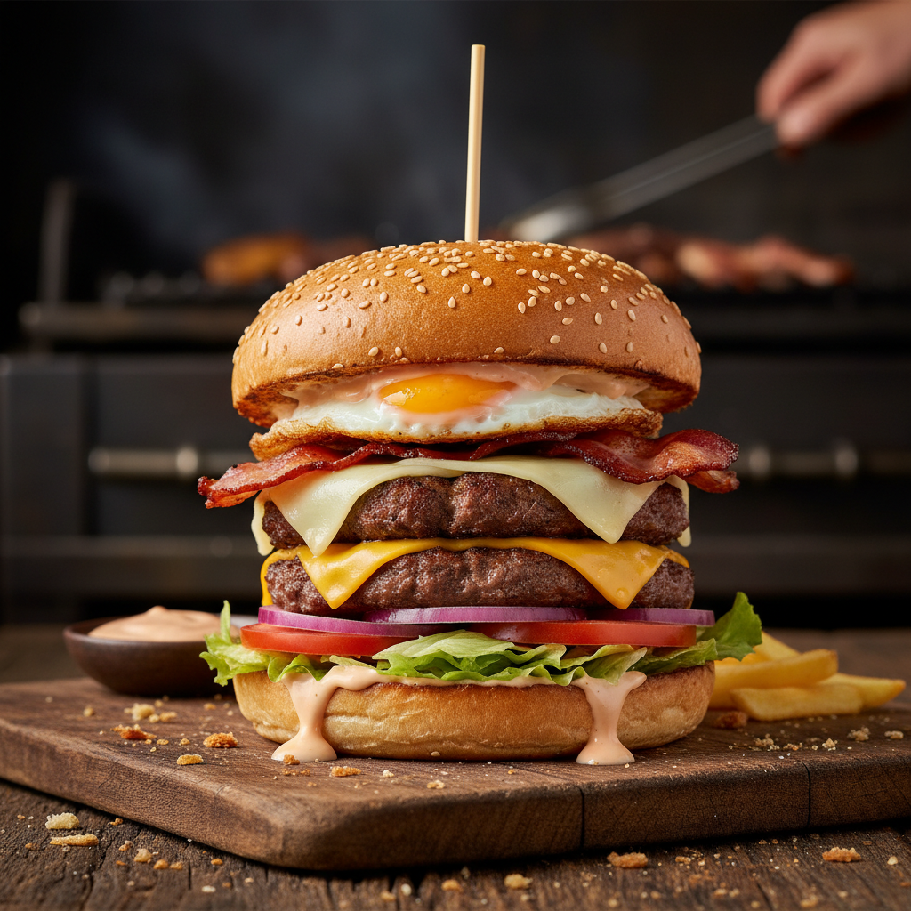 Towering gourmet beef burger with fresh vegetables and special sauce on wooden board