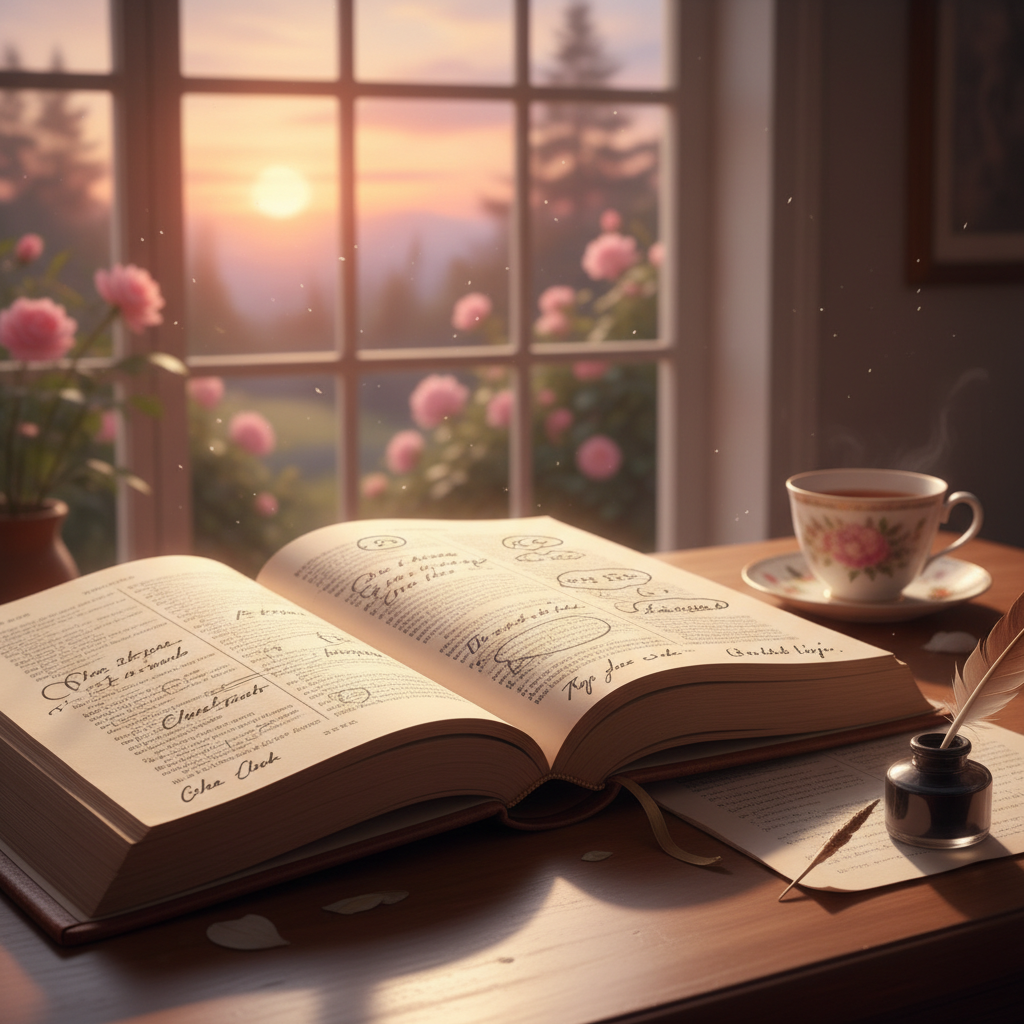 Open poetry book with handwritten marginalia visible, soft rose-tinted afternoon light coming through a window