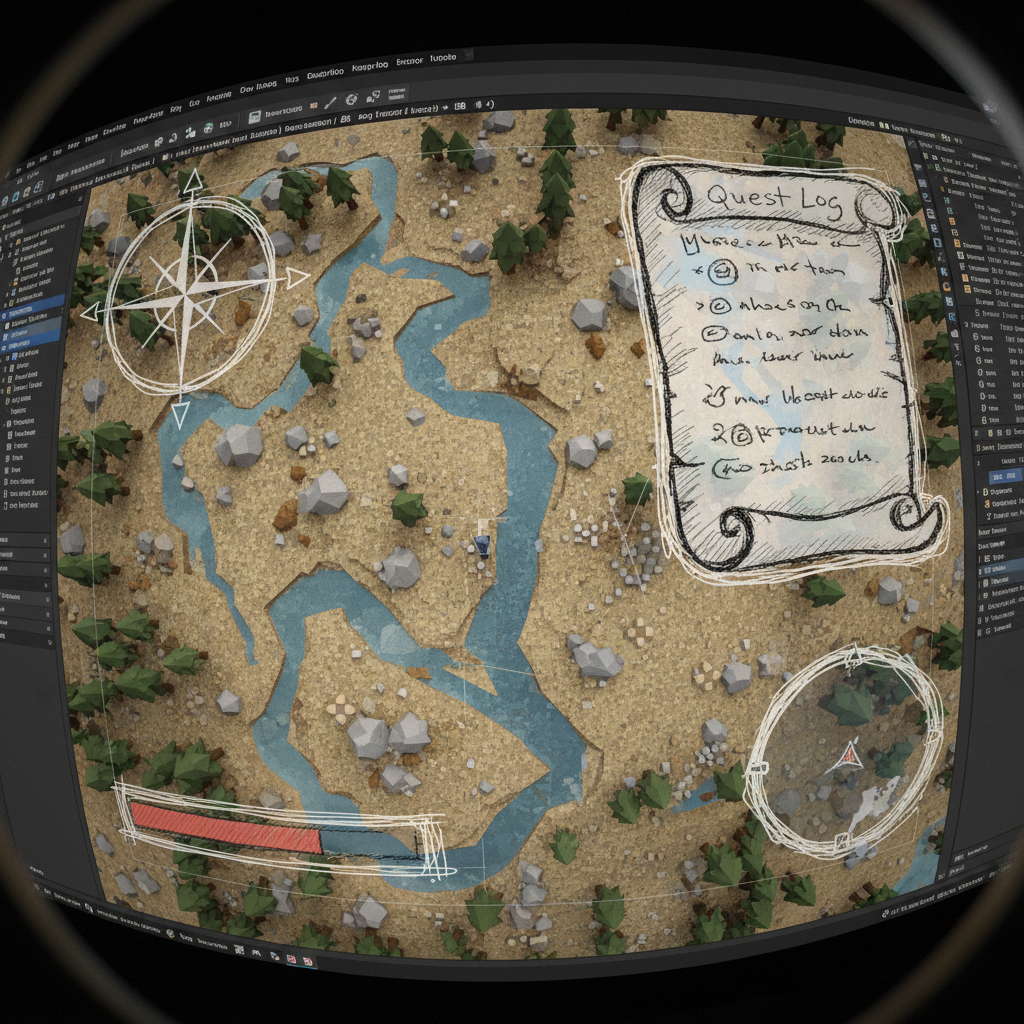 Raw gameplay prototype footage showing a top-down procedural world with hand-drawn UI elements overlaid on Unity viewport