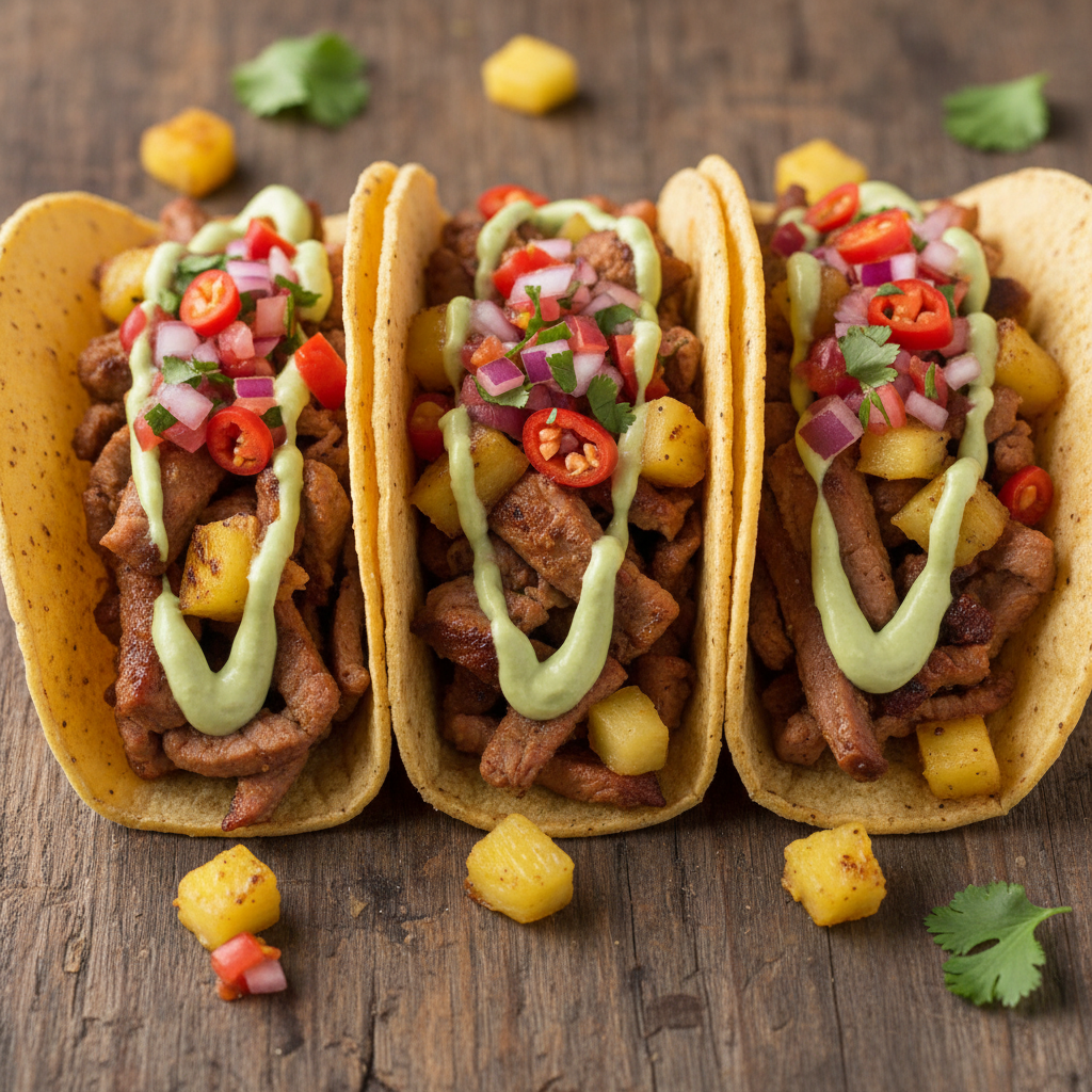 Al pastor tacos with roasted pineapple chunks habanero pico and avocado crema on corn tortillas