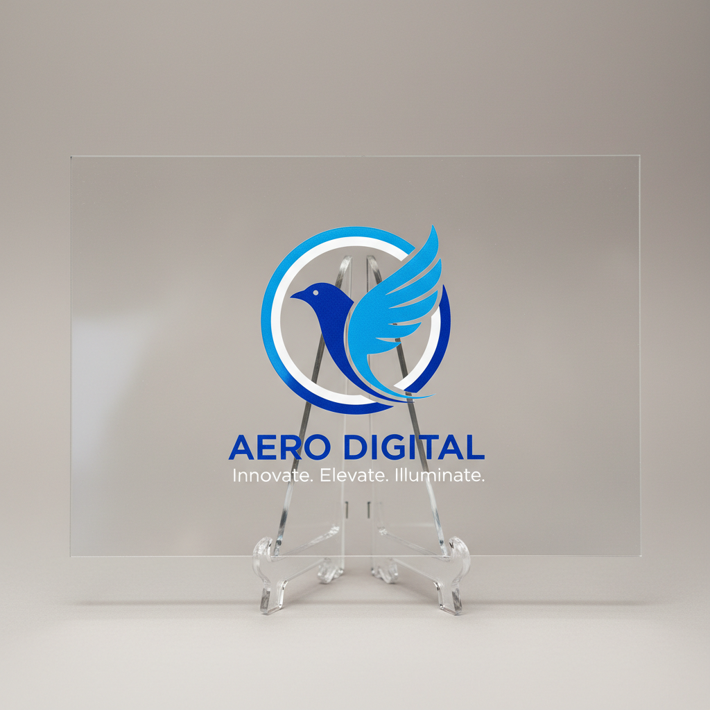 Modern transparent acrylic signage with UV printed colorful logo and text for retail store