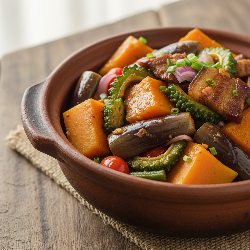 Filipino pinakbet mixed vegetables with bitter melon, eggplant, and squash in clay pot, natural light