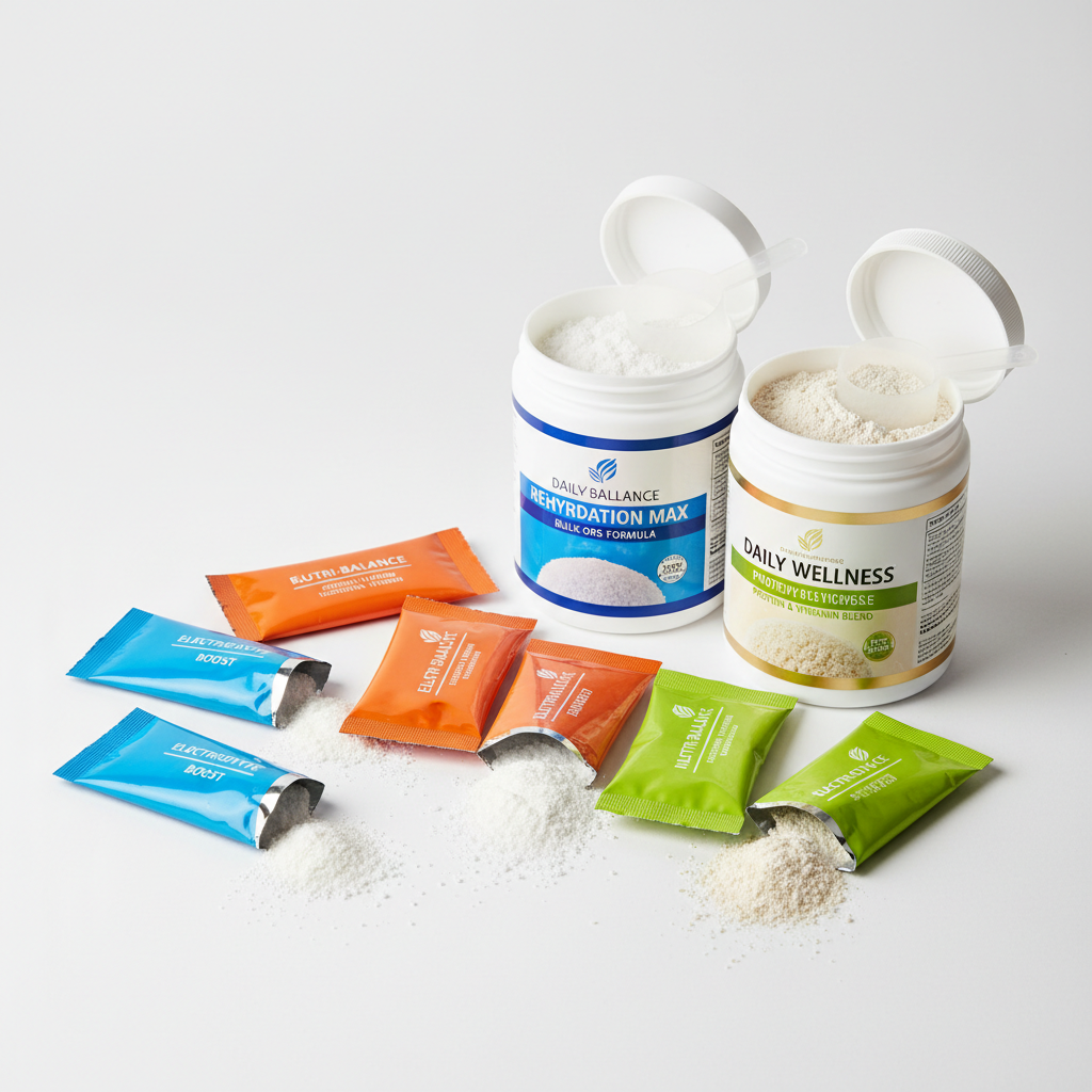 Nutrition supplements and healthy food products — clean white backdrop with protein powder jars and green smoothie ingredients arranged neatly