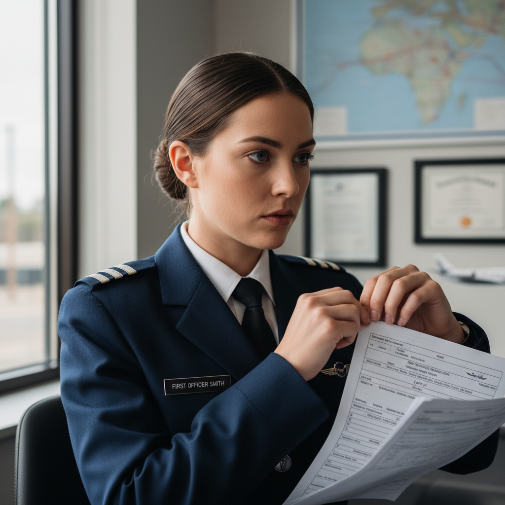 Portrait of Sofia Reyes-Montoya, regional airline first officer upgrading to major carrier