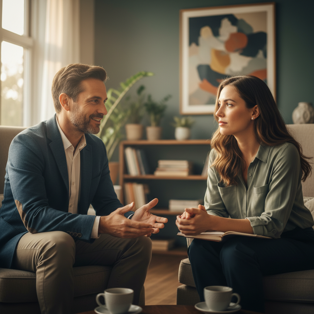 One-on-one life coaching session with warm natural light, two people engaged in thoughtful conversation