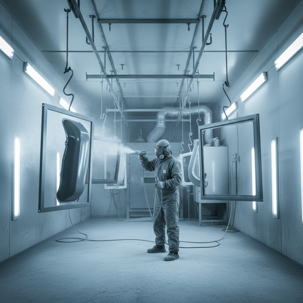 Automated powder coating spray booth with metal parts on conveyor system showing industrial finishing process