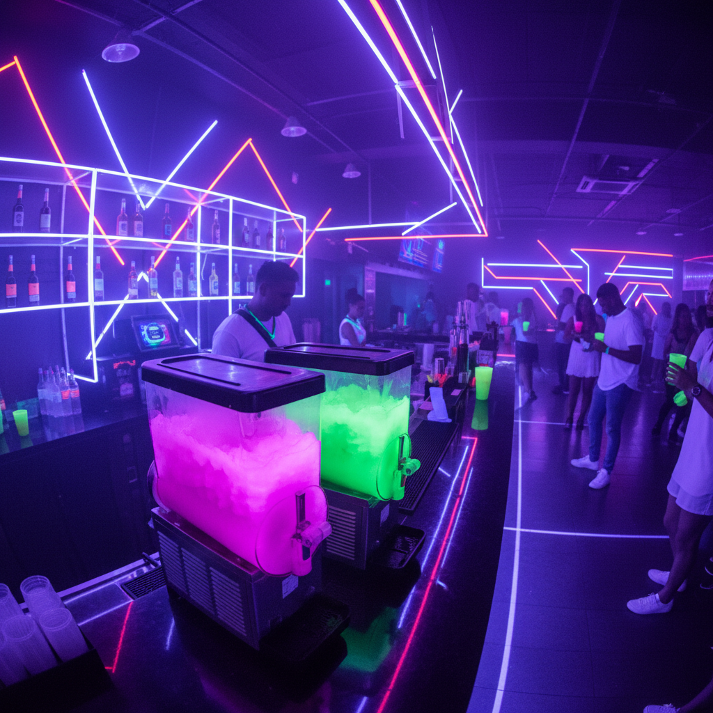 Neon bar with frozen slushies in magenta and green colors glowing under UV light