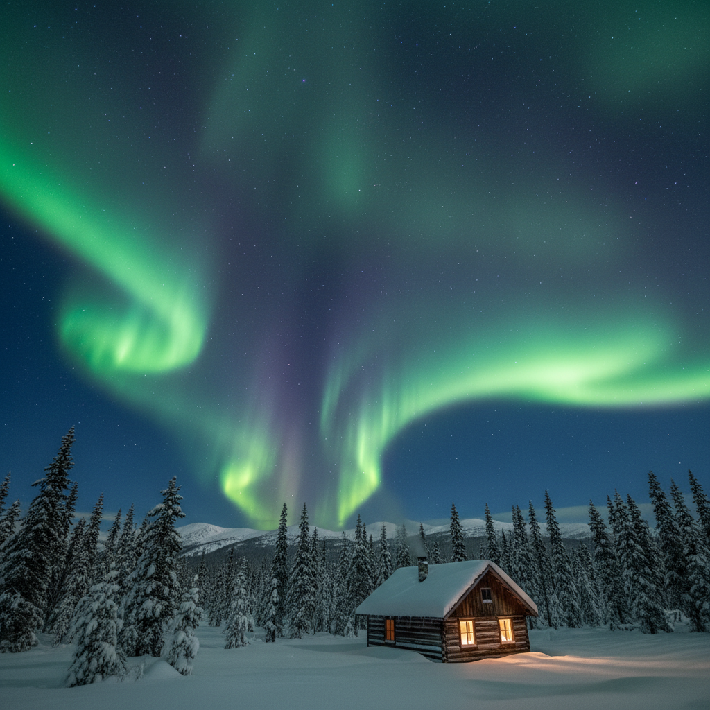 Tiny cabin in Yukon wilderness with vivid northern lights aurora borealis overhead