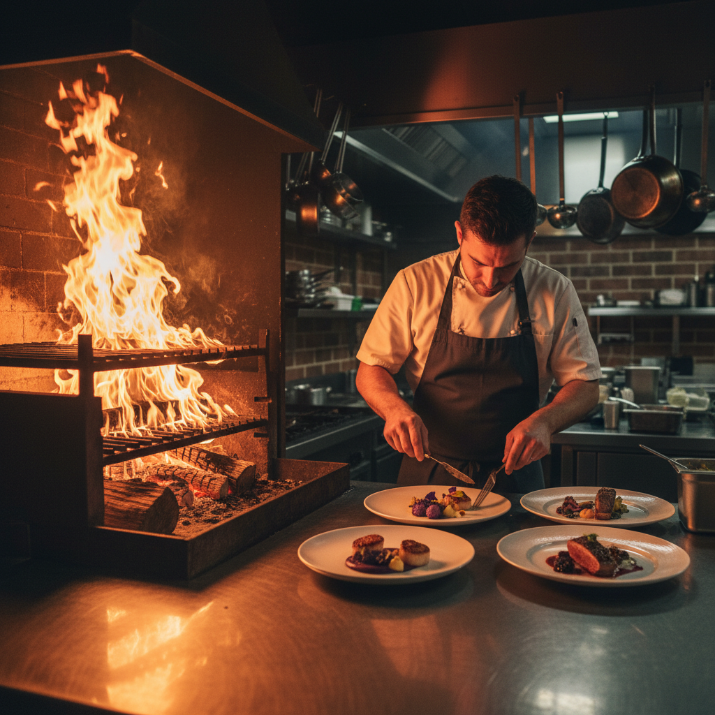 Open kitchen with wood-fire grill, dramatic orange flames, and chef plating artful dishes in dramatic lighting