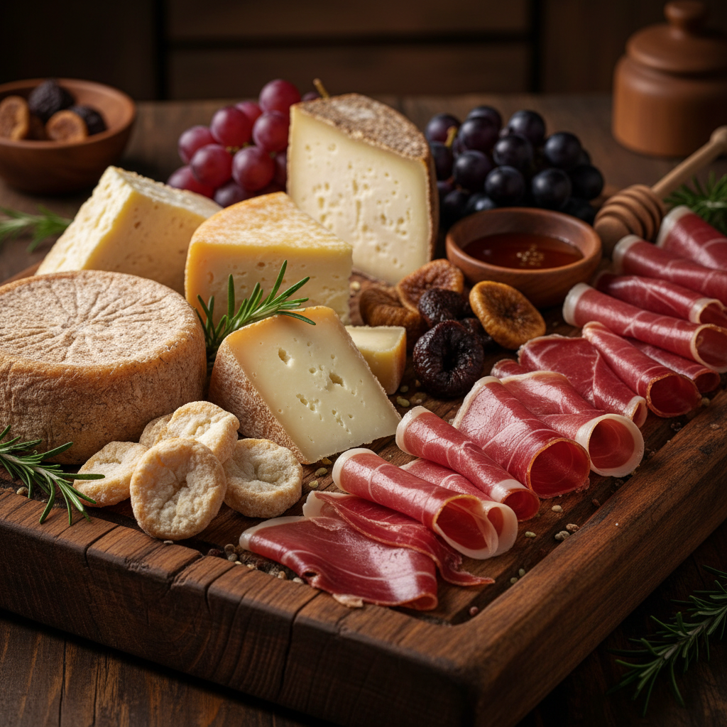 Artisan charcuterie board with cheeses, cured meats, fruits, honeycomb and fig jam beautifully arranged