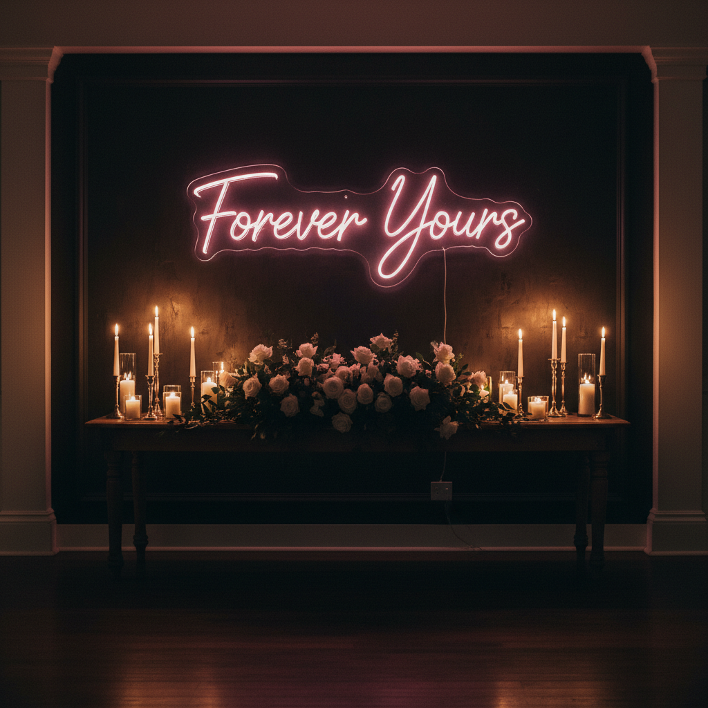 Romantic wedding neon sign glowing warm white in elegant dark ceremony venue