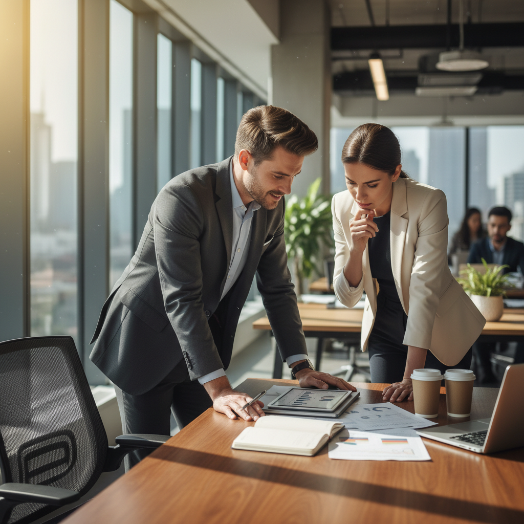 Business owner and consultant reviewing content plan on tablet in bright meeting room, professional setting