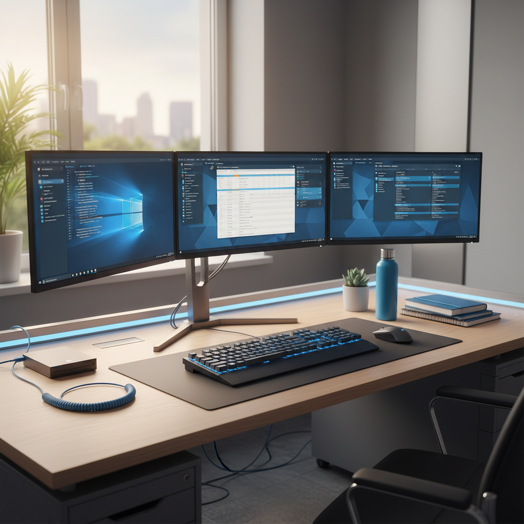Premium business launch workspace with multiple screens and organized systems, bright professional office environment