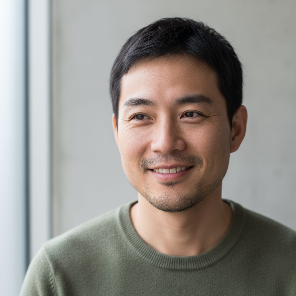 Asian man in his 30s smiling with short dark hair and glasses against white background