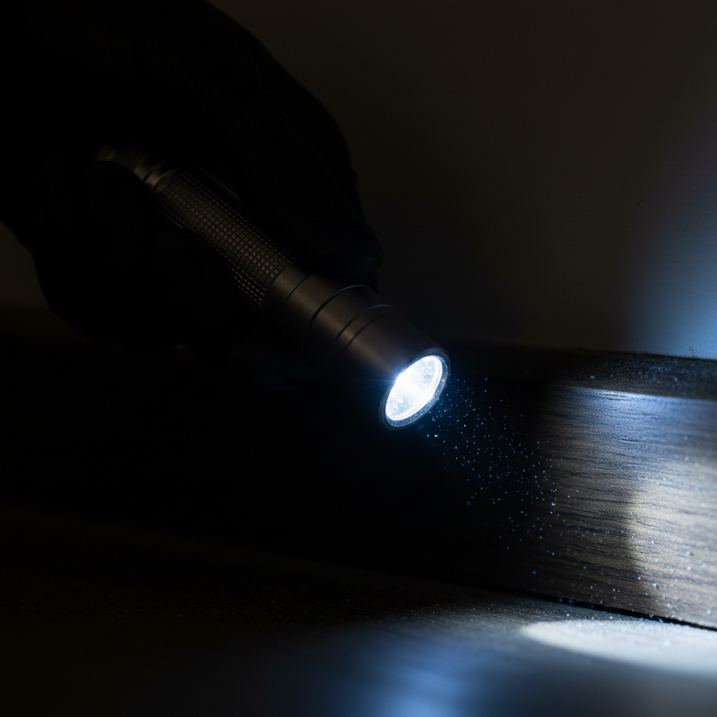 Gloved technician hand holding UV inspection torch aimed at baseboard, casting sharp blue-white beam across dark surface