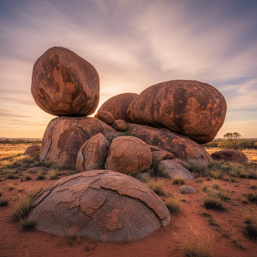 Ancient granite boulder formations of Devils Marbles (Karlu Karlu) at sunset with golden light