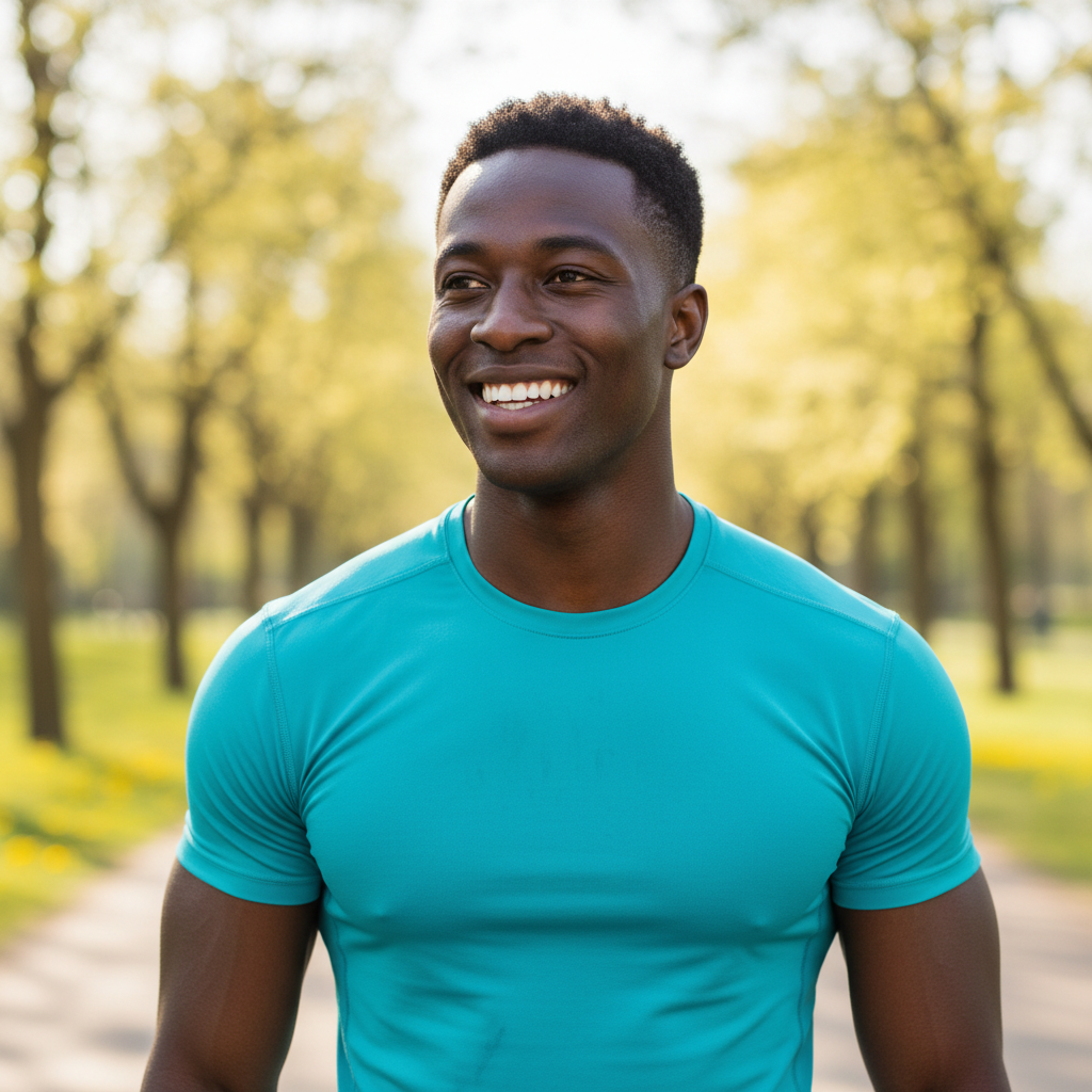 Young African American male athlete in athletic wear, confident smile, indoor sports setting
