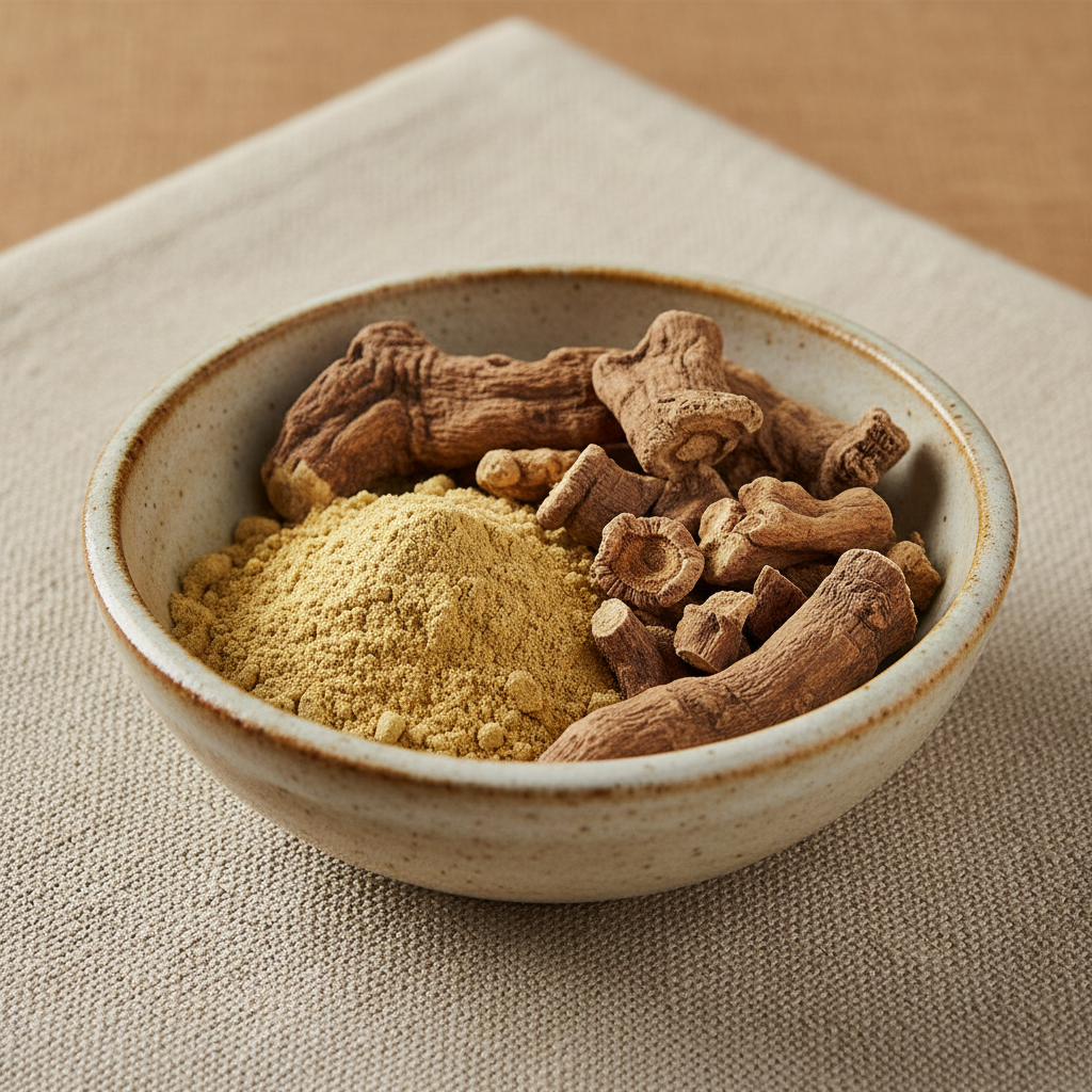 Dried ashwagandha roots on parchment paper with medicinal amber tones