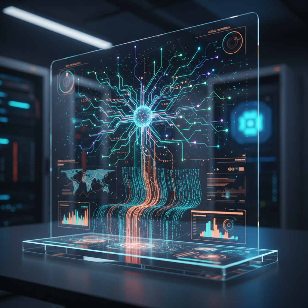 Interfaz de inteligencia artificial con visualizaciones de datos y redes neuronales en pantalla