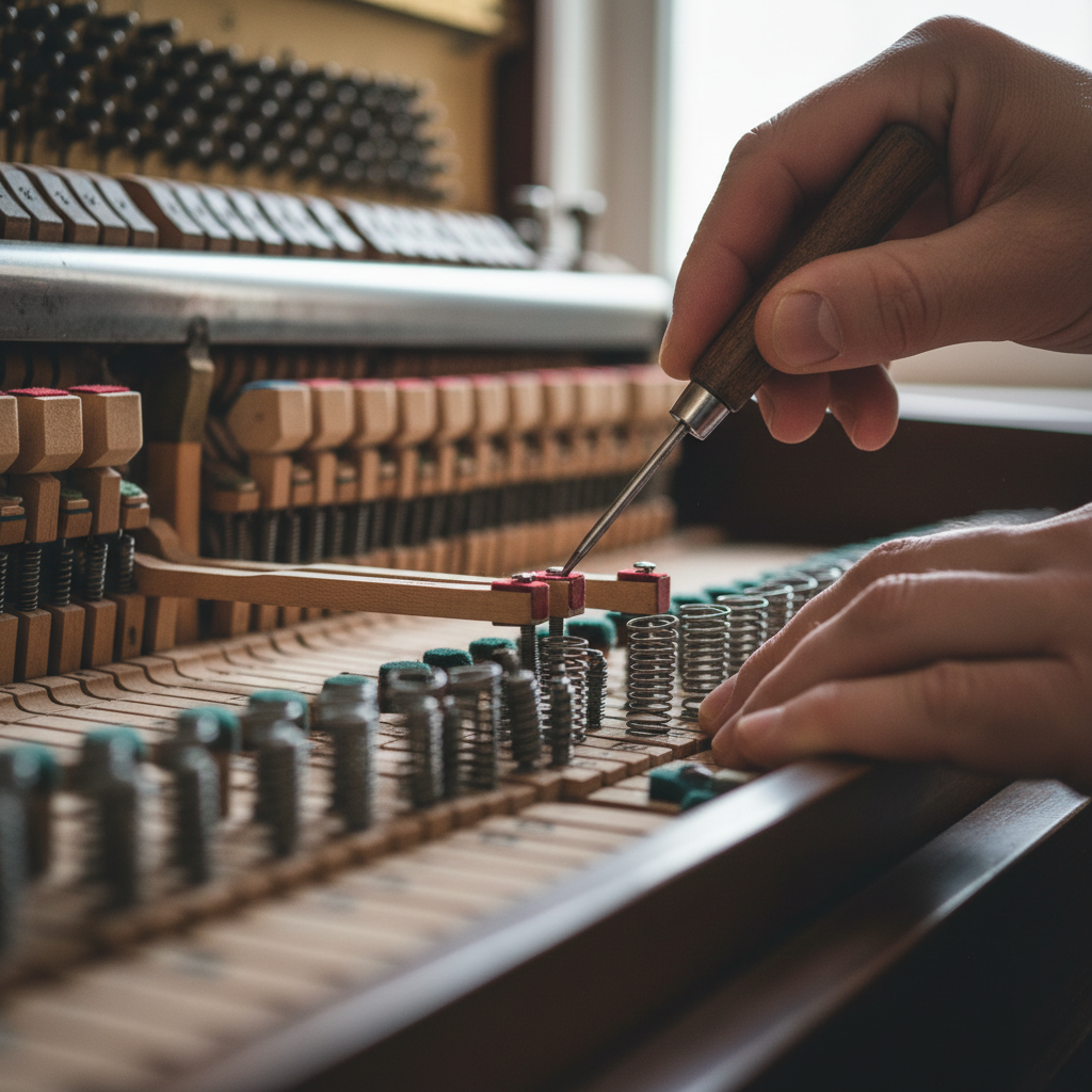 Piano technician hands adjusting regulation mechanism inside an upright piano, focused detail work