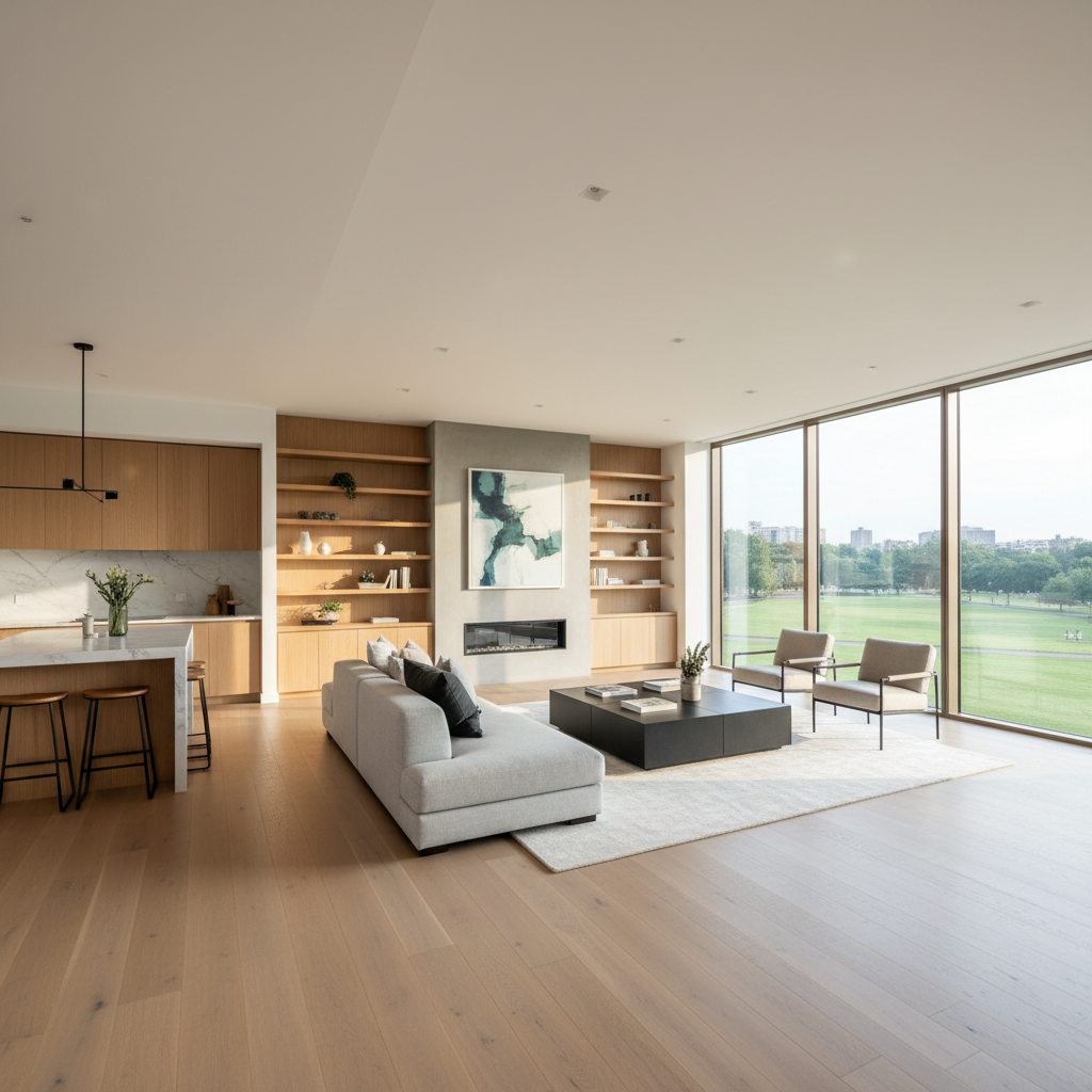 Open-concept living space flooded with morning light after full renovation