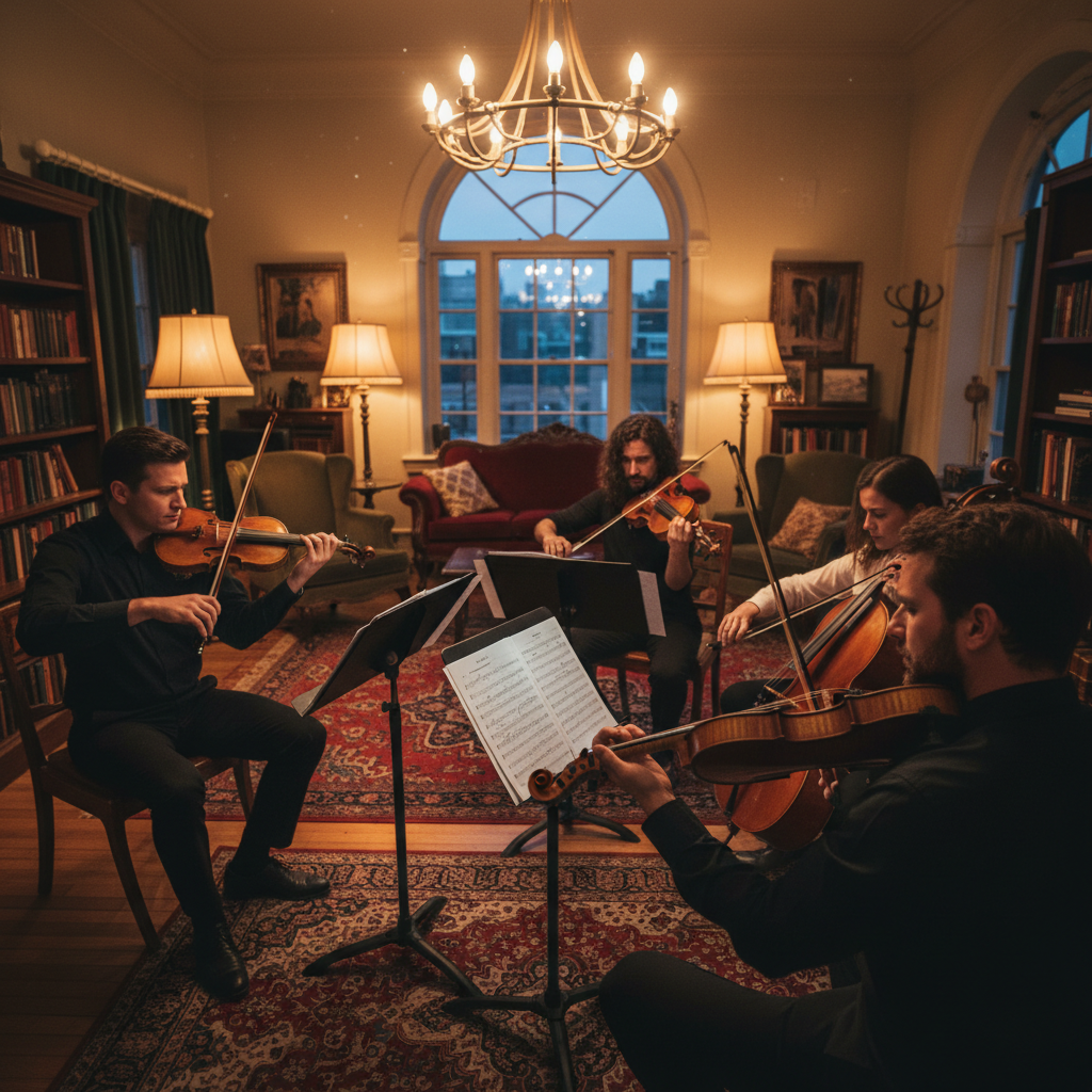 String quartet rehearsing in a warmly lit concert hall with wooden instruments